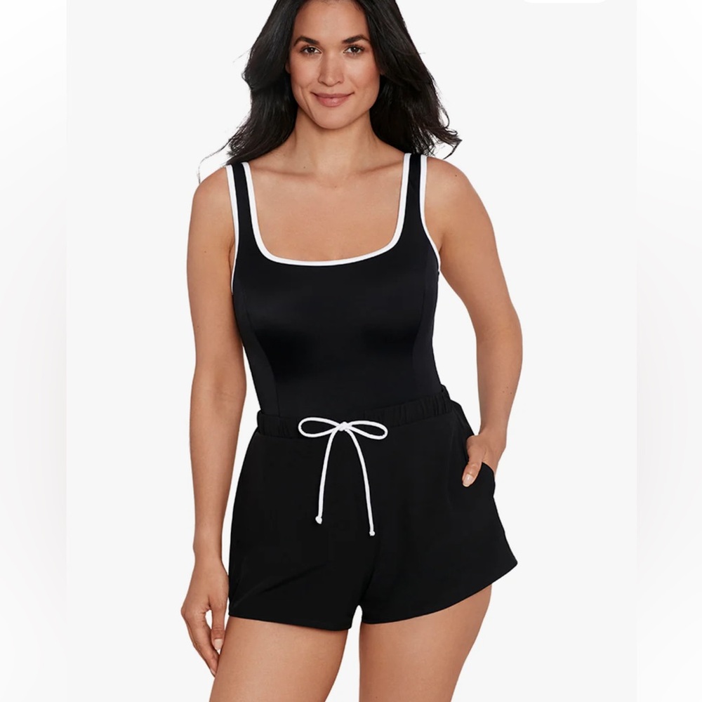 New ShapeSolver Sport by Penbrooke Black One Piece Swimsuit Romper Size 14